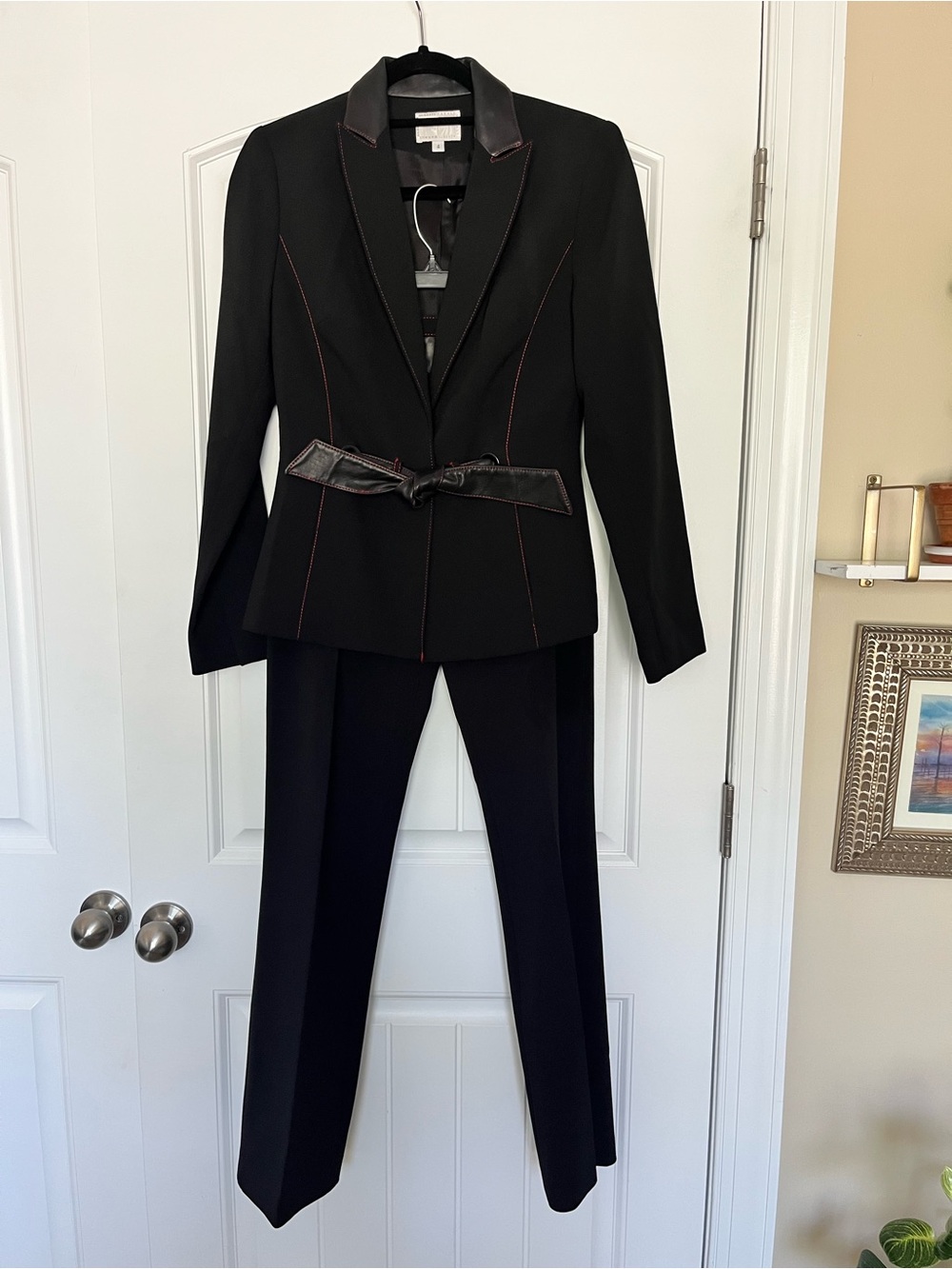 Alberto Makali Vintage Black Two-Piece Suit Leather Trim Made in USA Size 4